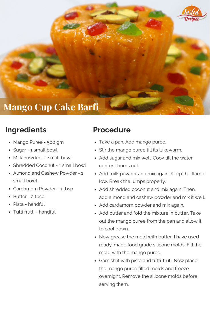 mango cupcakes barfi recipe card