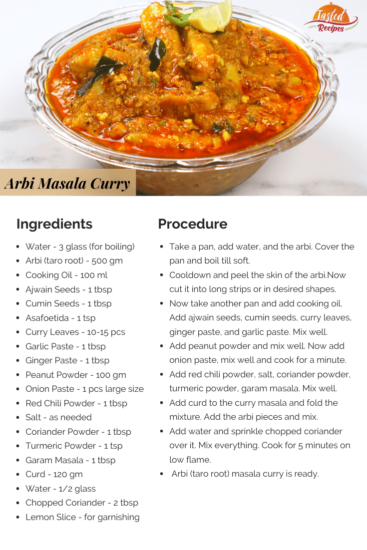 arbi masala curry recipe card
