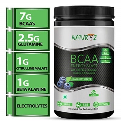 Naturyz Instantized BCAA Energy Blast with 7000 BCAA, Glutamine, Citrulline & Beta Alanine (Blueberry Mojito Flavor) - 450Gms