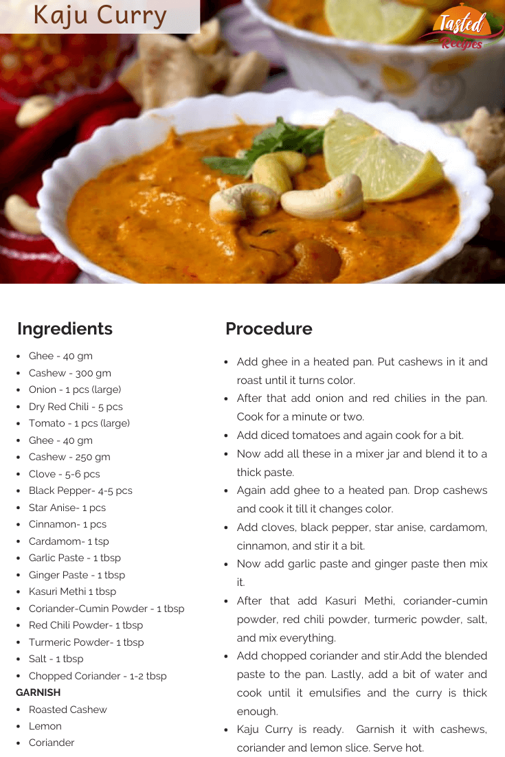 Kaju Curry Recipe Card