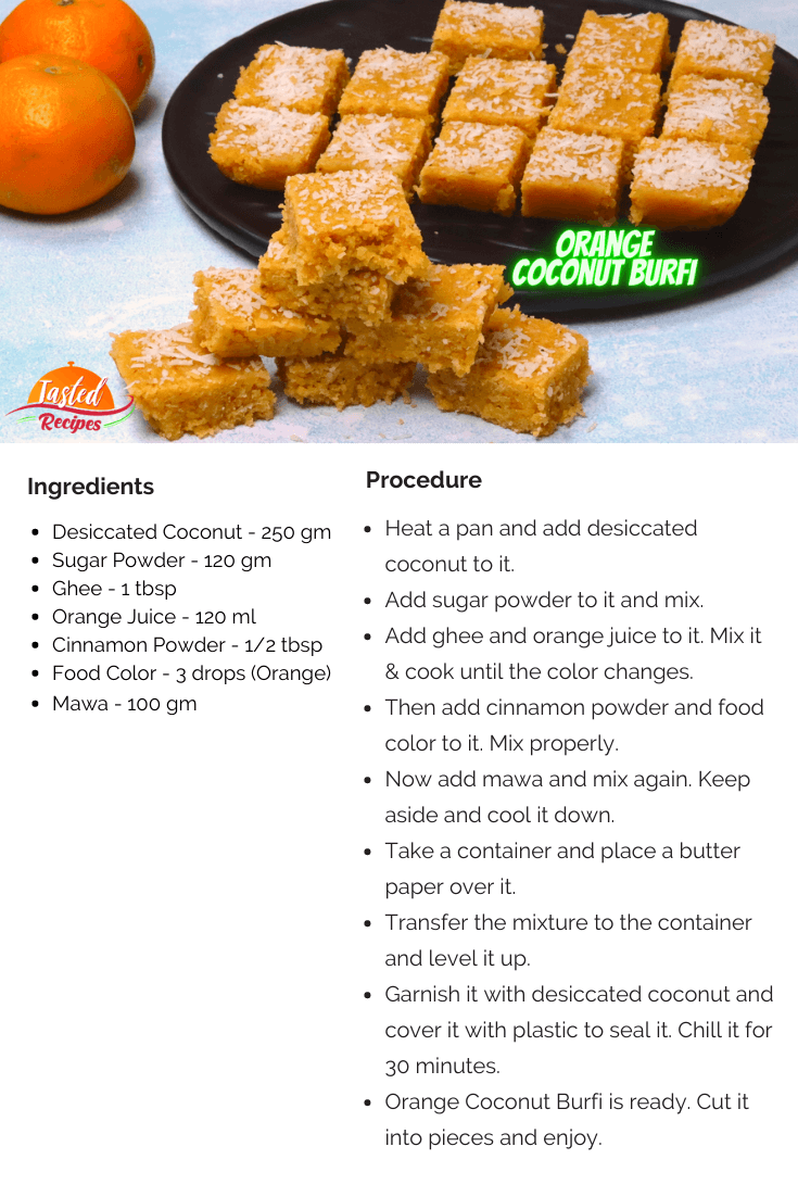 Orange Coconut Burfi Recipe Card