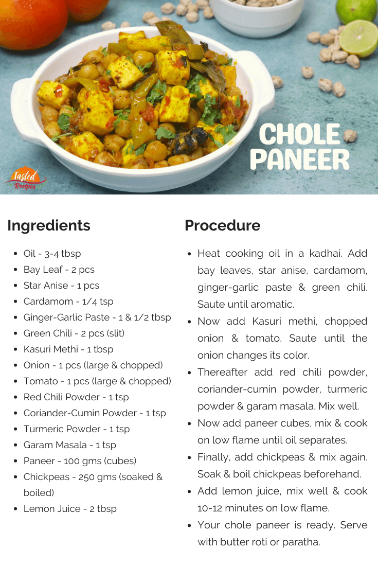 Chole Paneer Ki Sabji Recipe Card