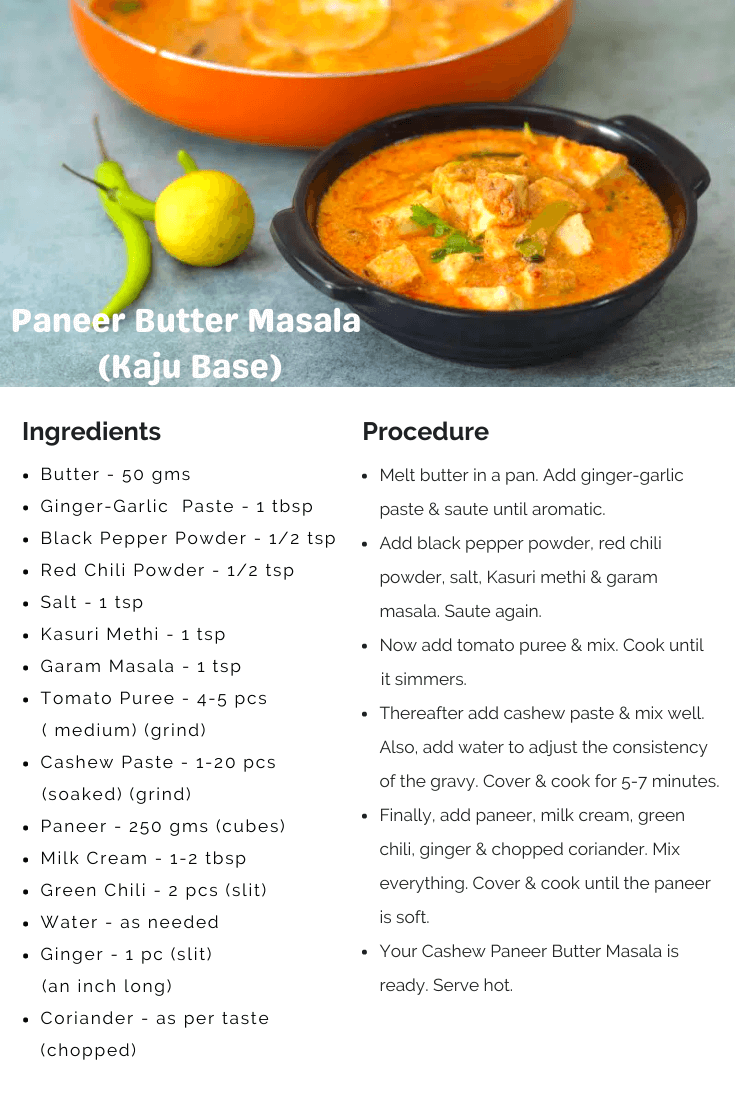 Paneer Butter Masala Kaju Gravy Recipe Card